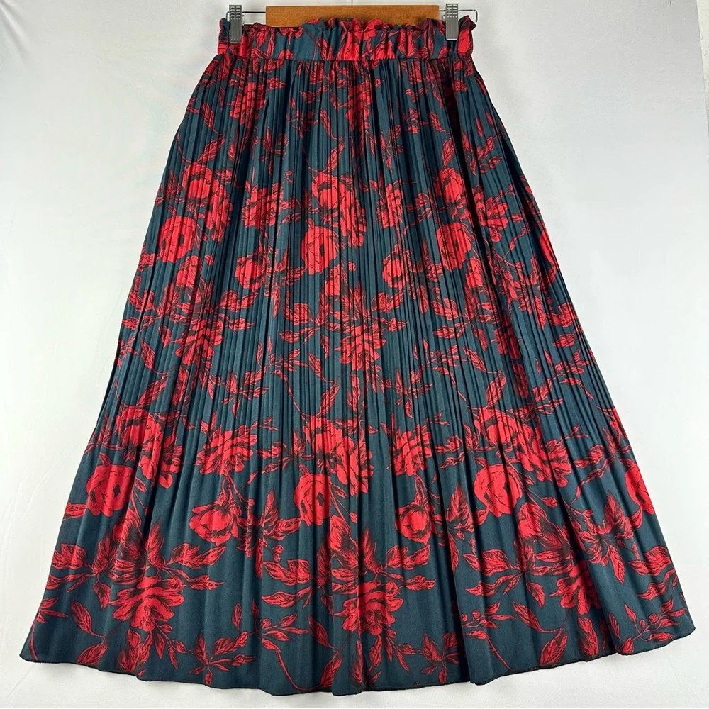 EXLURA Women Floral Pleated Flowy Side Pocket Midi Skirt Red Navy - Picture 4 of 15